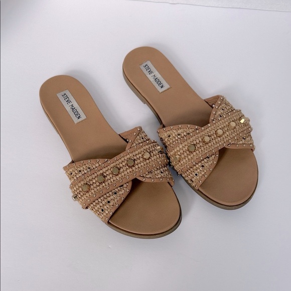 Steve Madden Tan Gold Slide Embellished Sandals Size 9 - Picture 2 of 10